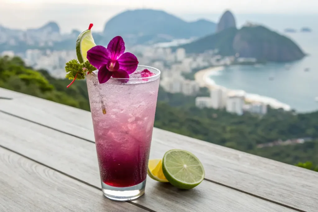 Glass of vibrant purple Brazilian Mounjaro tea garnished with lime, on oak table with tropical window view