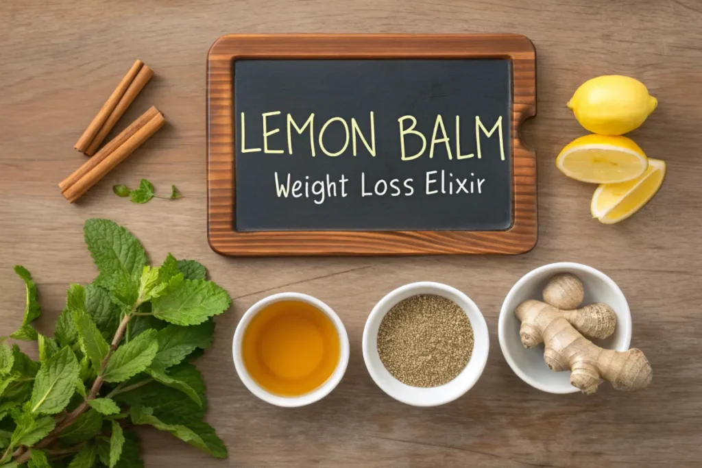 Fresh lemon balm leaves, apple cider vinegar, cinnamon sticks, ginger, honey, and chia seeds arranged for making weight loss tea