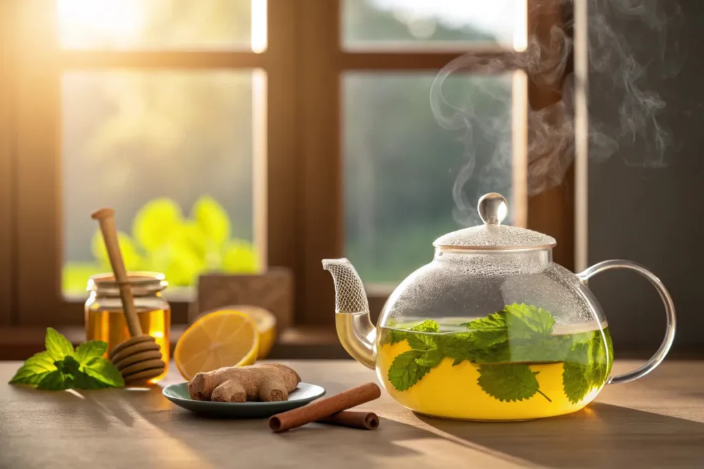 Glass mug of iced lemon balm weight loss tea with lemon slice garnish, showing refreshing golden color