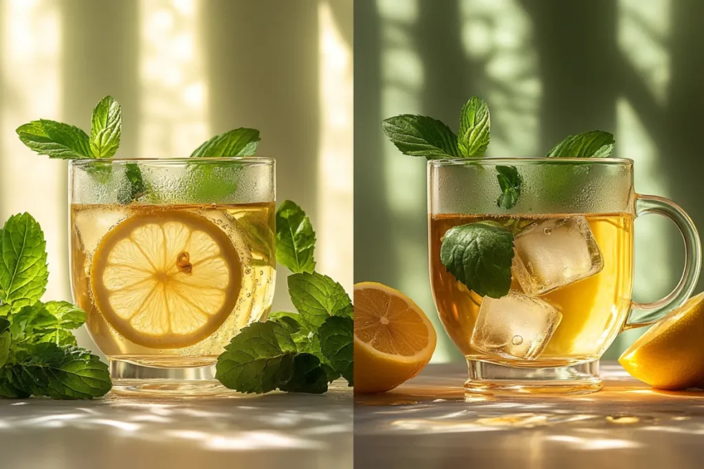 Hot and iced lemon balm drink for weight loss with fresh lemon and mint