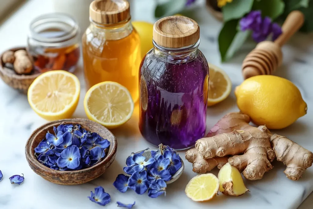 Brazilian Mounjaro ingredients arranged on white table: dried butterfly pea flowers, fresh lemons, apple cider vinegar bottle, ginger root, honey, and coconut sugar