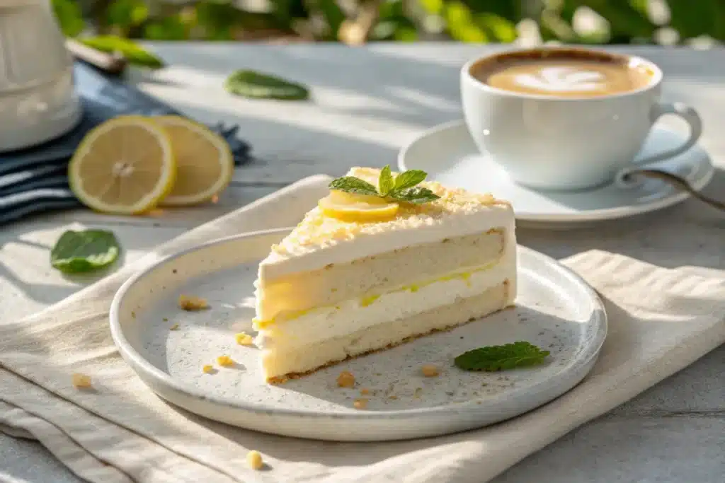 Slice of Italian Lemon Cream Cake served with cappuccino