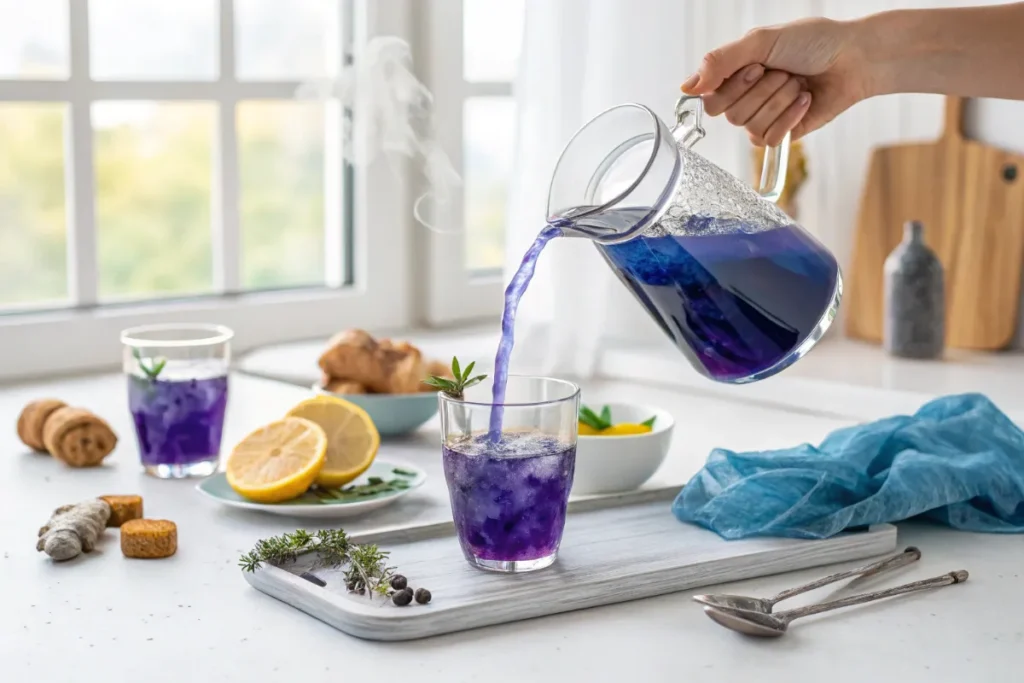 Close-up of hands pouring Brazilian Mounjaro tea, showing blue-to-purple color change as lemon and ginger are added