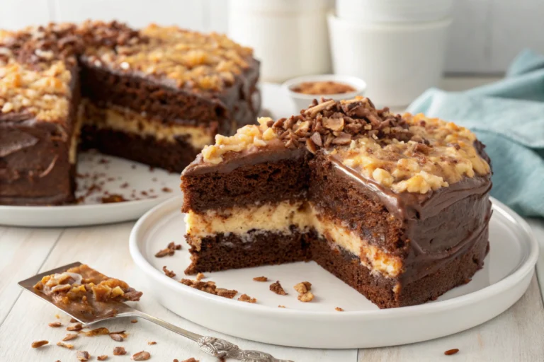 German Chocolate Poke Cake with coconut-pecan frosting on a plate.