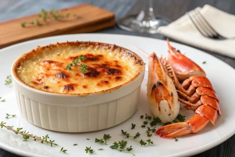 Rich and creamy Crab Brulee in a white ramekin with a golden caramelized crust, garnished with fresh herbs. Served alongside a crab claw on a white plate, creating a luxurious seafood delicacy.