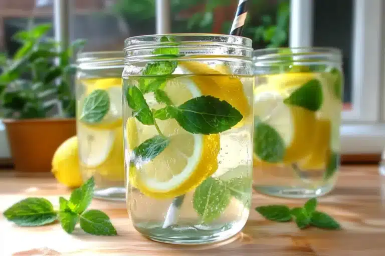 Homemade Lemon Balm Weight Loss Drink with fresh lemon slices, mint, and sparkling water, a natural detox beverage for healthy hydration.