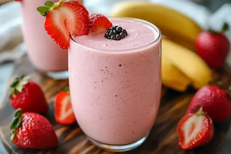 Delicious Strawberry Banana Protein Smoothie served in a glass, topped with fresh strawberry slices and a blackberry, surrounded by ripe strawberries and bananas on a wooden board.