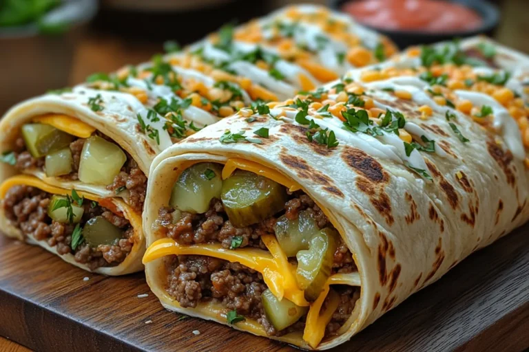 Delicious homemade Big Mac wraps filled with seasoned ground beef, melted cheddar cheese, tangy pickles, and a creamy special sauce, all wrapped in a toasted tortilla and garnished with fresh parsley. A mouthwatering twist on the classic Big Mac, perfect for an easy and flavorful meal.