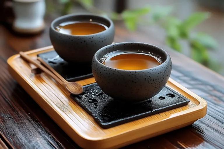 Elegant Asian tea ceremony setup with two black ceramic cups filled with freshly brewed tea, placed on a wooden tray with a traditional spoon.