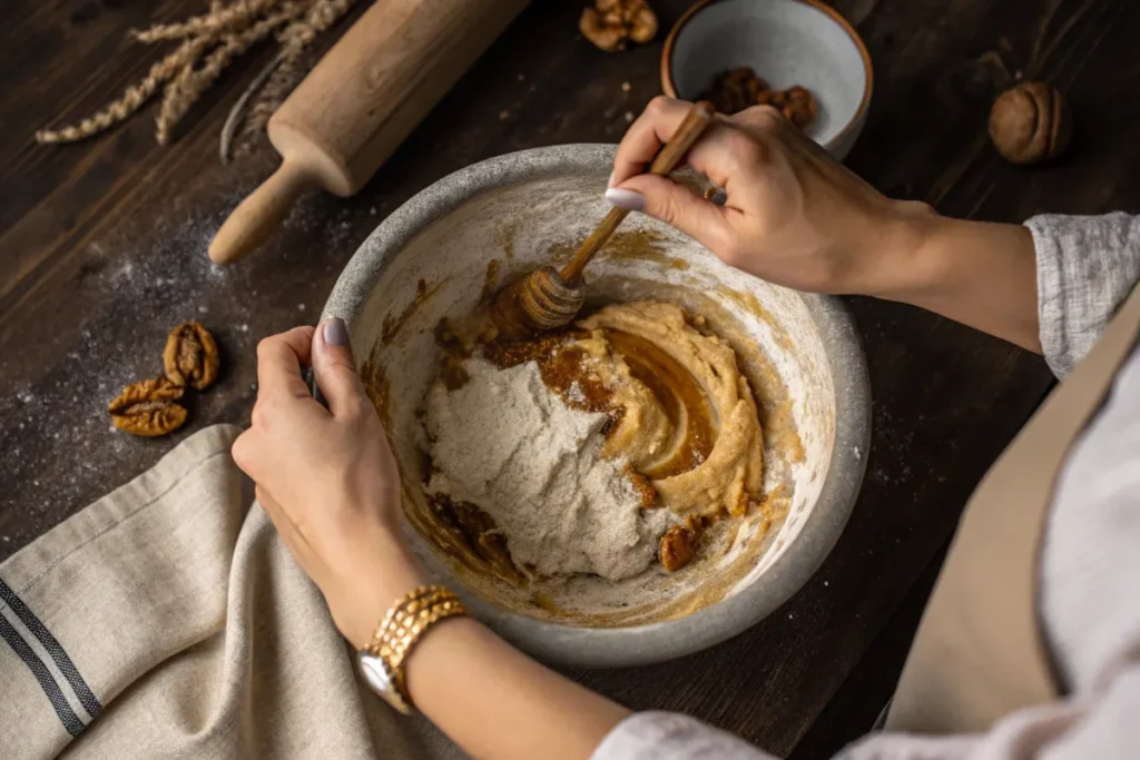Elina's hands mixing maple cookie dough in ceramic bowl showing sticky maple syrup, brown sugar, and flour for scratch-made cookies
