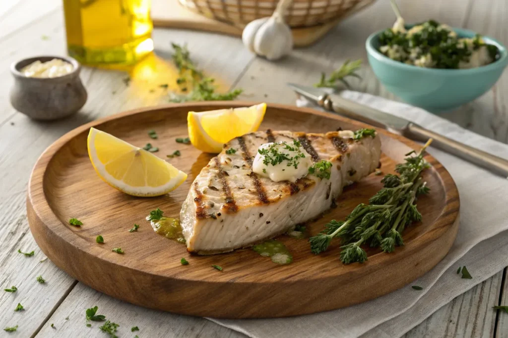 Rustic-style swordfish steak served on a wooden plate with lemon wedge and sprinkled herbs, cozy farm-to-table presentation.