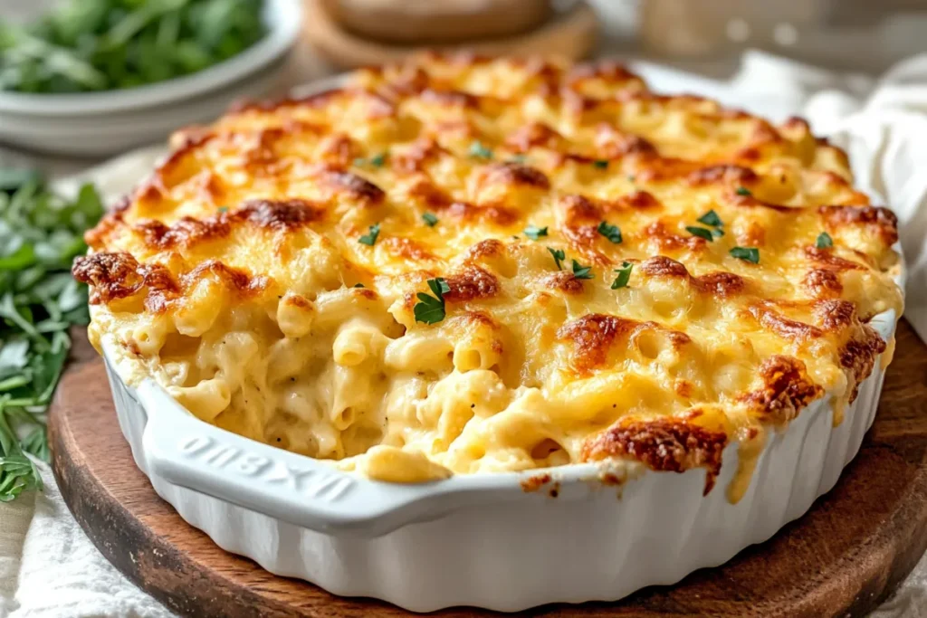 A close-up of Tini's creamy mac and cheese, baked to perfection in a white dish with a golden-brown, bubbly top and garnished with fresh parsley.