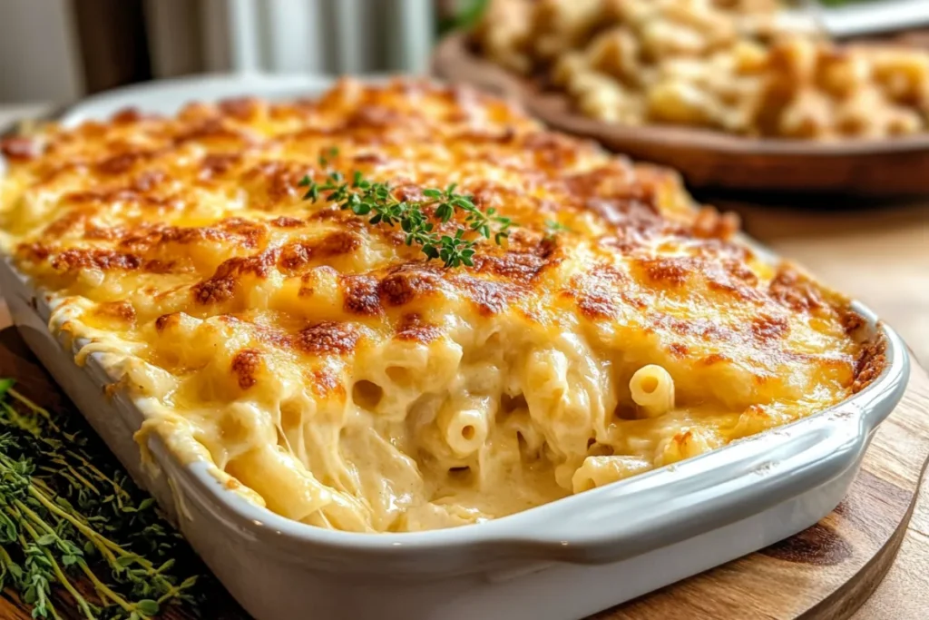 A delectable serving of Tini's mac and cheese, baked to a golden-brown perfection in a white dish, garnished with fresh herbs and ready to be enjoyed.