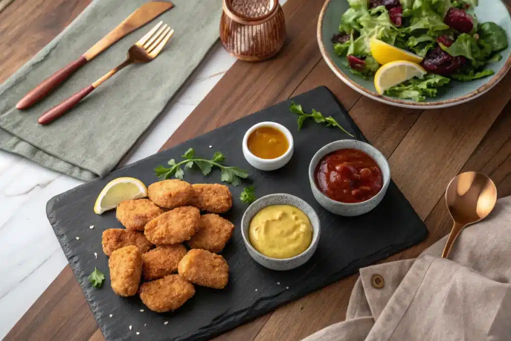 45-degree angle: three nuggets on black slate with abstract zigzag of sriracha mayo and ranch drizzle. Microgreens garnish, visible salt flakes. Studio lighting with reflective surfaces.