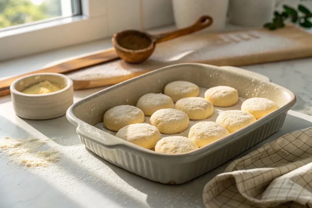 Raw biscuit dough rounds in ceramic baking dish ready for oven - simple 3-ingredient recipe with visible butter flecks