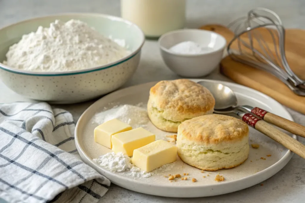 Soft, buttery biscuits with flour and butter on a prep plate – easy 3 ingredient biscuit recipe setup for quick baking at home