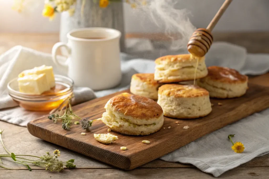 Golden flaky 3-ingredient homemade biscuits fresh from oven with melted butter and honey drizzle - easy no-fail recipe