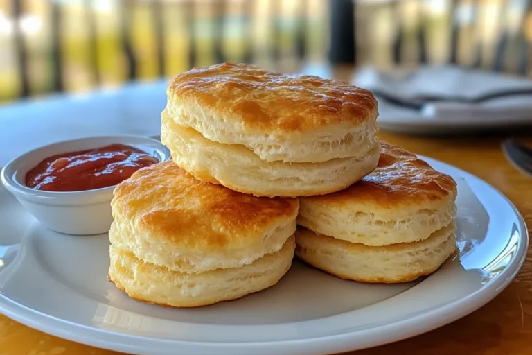 Stack of fluffy golden biscuits made from a simple 3 ingredient biscuit recipe, served with strawberry jam