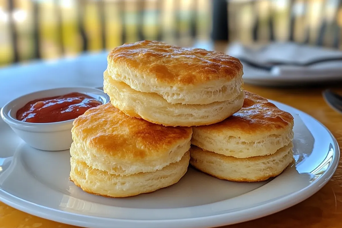 Stack of fluffy golden biscuits made from a simple 3 ingredient biscuit recipe, served with strawberry jam