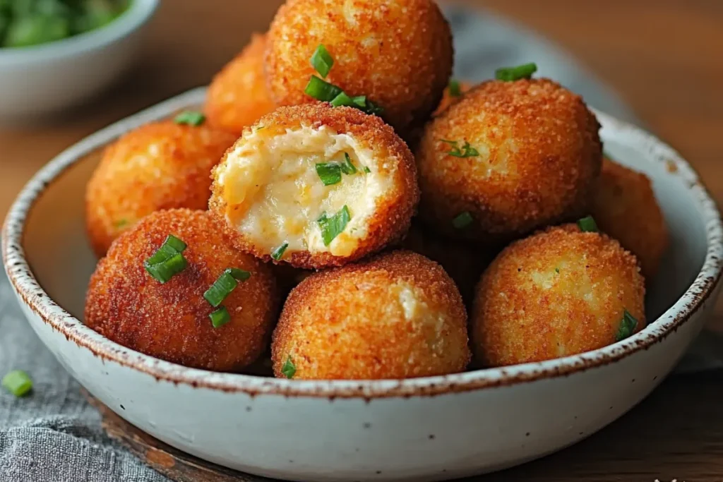 Crispy cheese cheese balls with melted filling and herbs on a plate