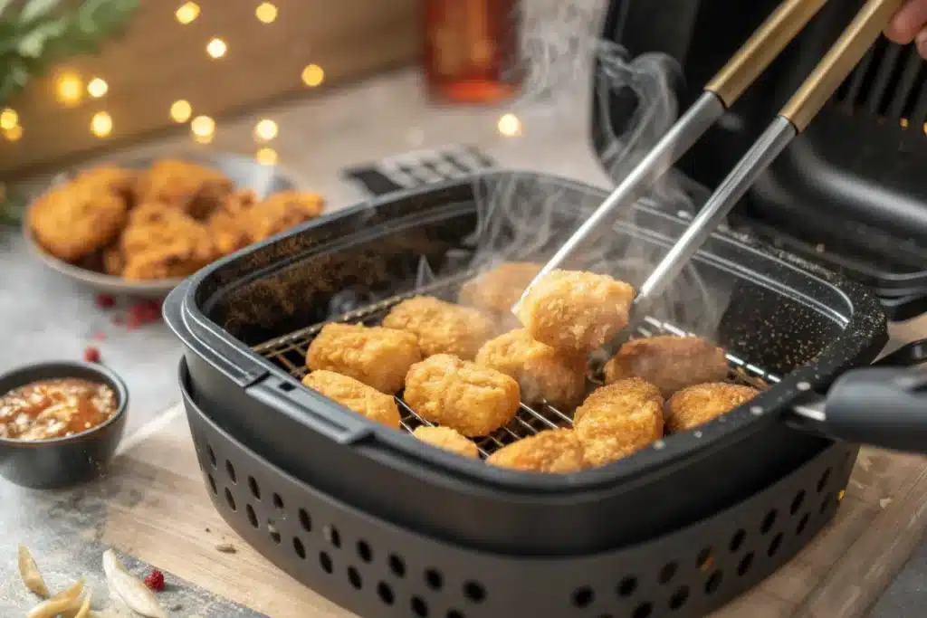Macro shot of Ninja air fryer basket with steam swirling around golden nuggets. Extreme detail on crispy bubbles with oil droplets, blurred digital timer showing 3:00 remaining. Dark kitchen background with single spotlight.