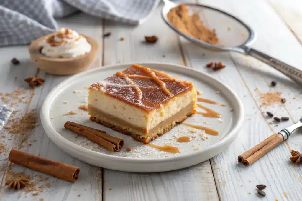 Crispy and creamy layers in square churro cheesecake slice
