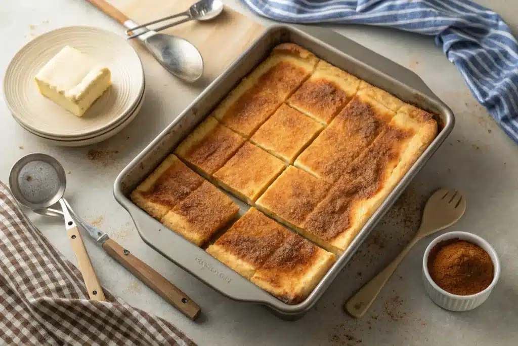 Golden brown churro cheesecake baking in metal sheet pan, showing bubbly cinnamon sugar crust with visible scoring lines for square portions