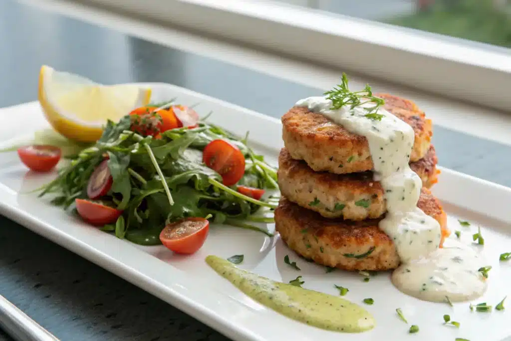 Perfectly cooked salmon cakes stacked on white plate with lemon-dill aioli drizzle, served with arugula salad and lemon wedge garnish - restaurant-quality presentation