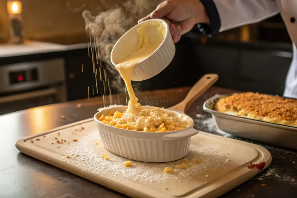 Close-up of hands mixing Tini's creamy mac and cheese in white casserole dish, showing gooey cheese sauce coating pasta with golden breadcrumb topping. Step-by-step cooking process for perfect baked macaroni and cheese.