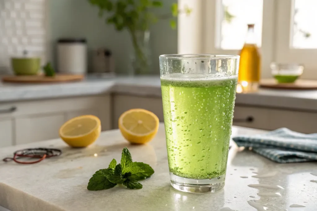 Sparkling green tea shot in glass with lemon and mint garnish on kitchen counter