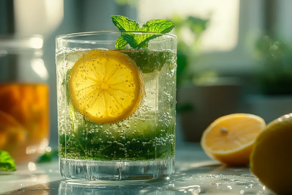 Refreshing green tea shot in a clear glass with lemon slice and mint, perfect for a cool and energizing drink recipe