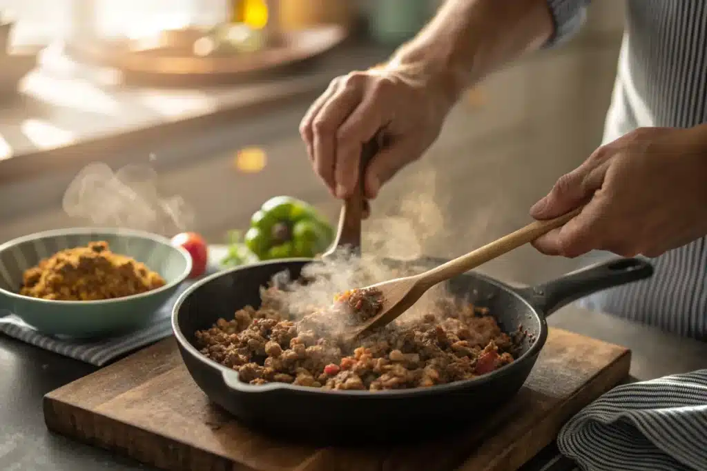 Close-up of hands cooking seasoned ground beef with taco spices in skillet for easy taco bowl meal prep, steam rising from pan
