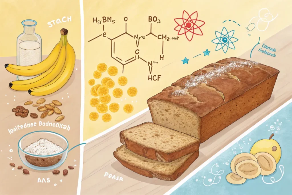 Food science behind perfect banana bread showing starch gelatinization, protein coagulation, and Maillard reaction chemical processes with ripe bananas and molecular diagrams - reveals what is the secret to the best banana bread texture.