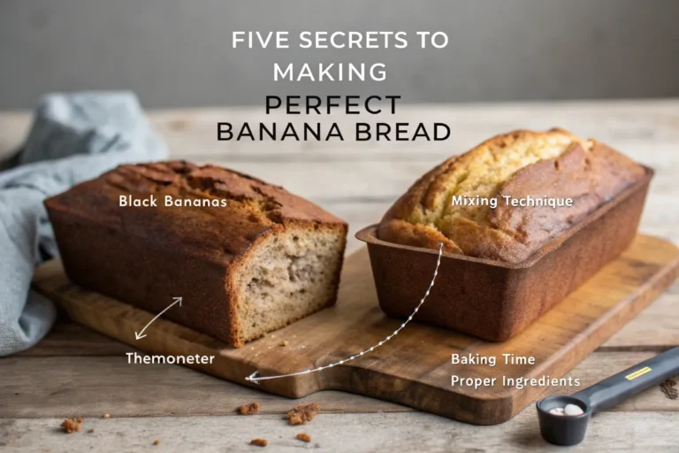 Step-by-step images: Mashing overripe bananas, proper 12-stir mixing technique, and 201°F internal temperature check - demonstrating what is the secret to the best banana bread preparation.