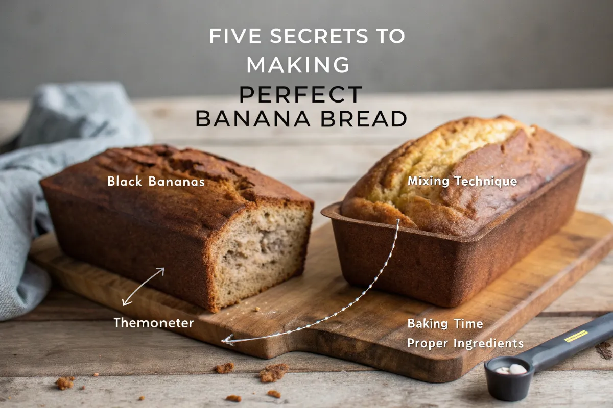 Step-by-step images: Mashing overripe bananas, proper 12-stir mixing technique, and 201°F internal temperature check - demonstrating what is the secret to the best banana bread preparation.