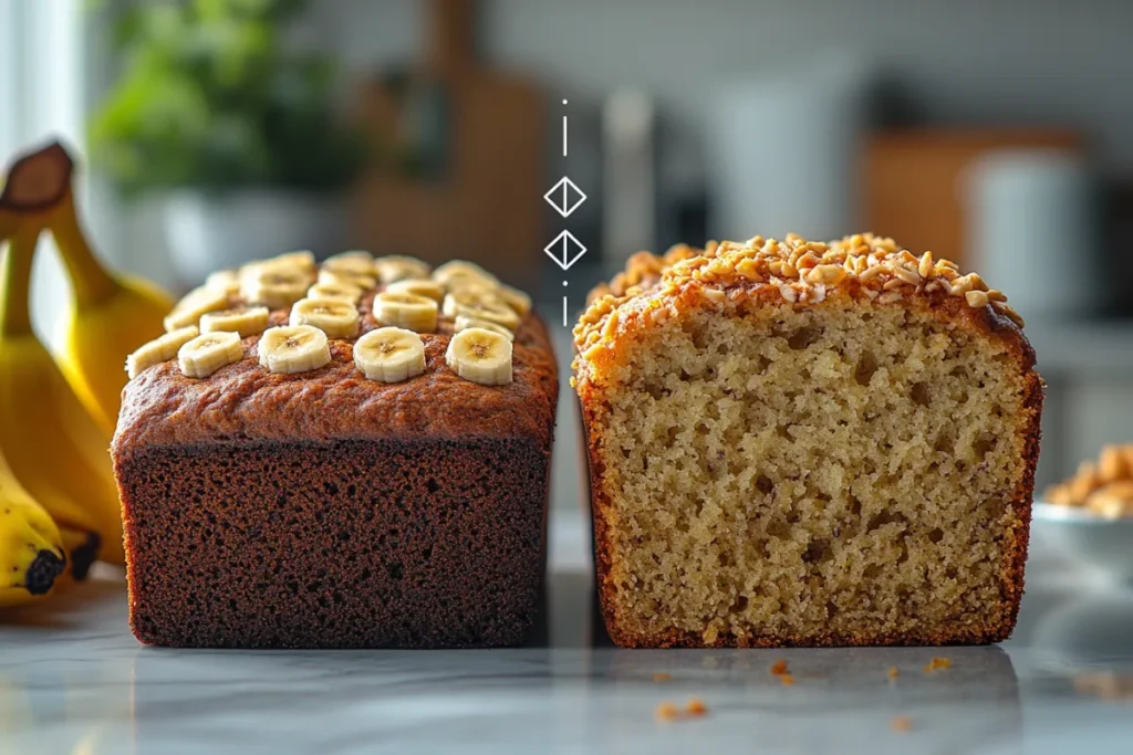 Before/after photo comparison: Sunken dense banana bread vs perfect golden loaf with cracked crust - visual proof of what is the secret to the best banana bread through proper technique.