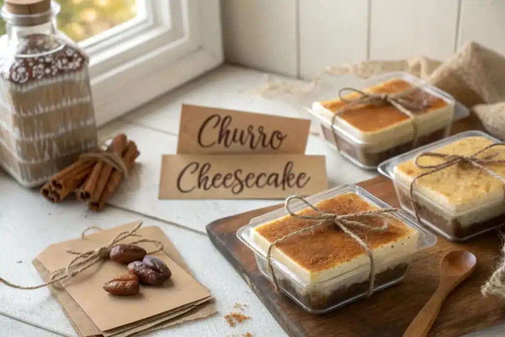 Festive square churro cheesecake with holiday decorations