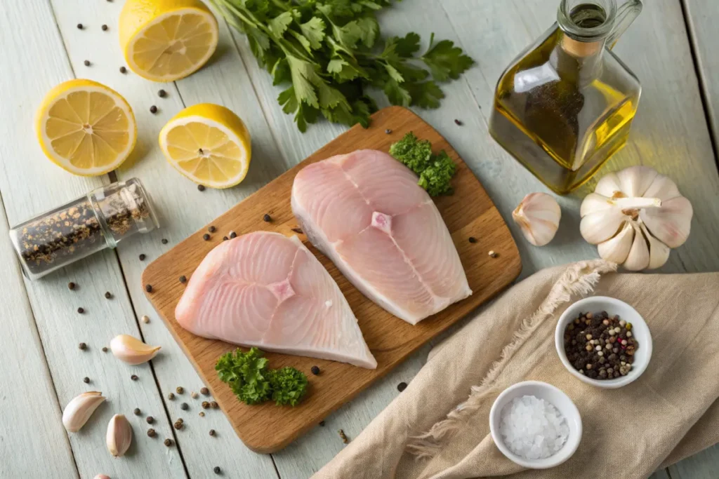 Top view of raw swordfish steaks, fresh garlic, parsley, lemon, olive oil, salt, and pepper arranged neatly on a rustic wooden table.