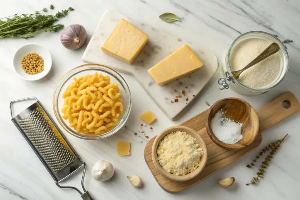 Tini's mac and cheese ingredients arranged beautifully: elbow macaroni, blocks of sharp cheddar, Gruyère and Parmesan cheese, whole milk, butter, flour, Dijon mustard, and spices on white marble surface. Perfect homemade macaroni and cheese recipe components.