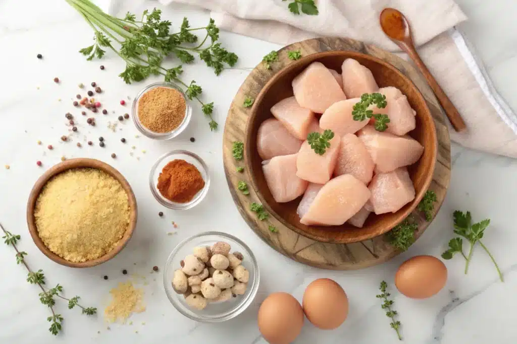 Close-up top-down on rustic wood table: raw chicken pieces, almond flour in mortar & pestle, eggs in cracked ceramic bowl, spices spilled artfully. Moody natural light with dramatic shadows. Food styling for keto/gluten-free version.