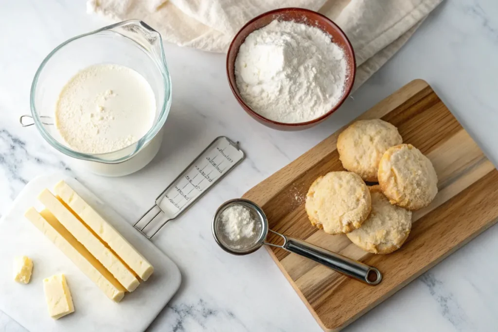 Three ingredients for easy 3-ingredient biscuits: self-rising flour, cold butter, and heavy cream arranged on white marble counter