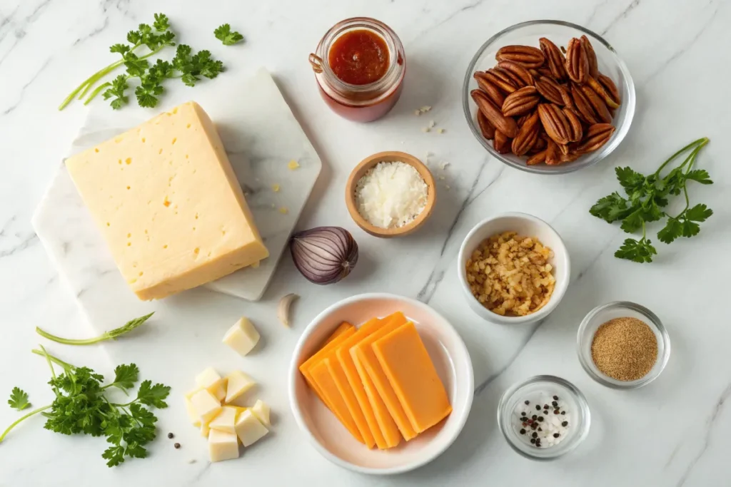 Top-down photo of cheese ball ingredients on white marble: cream cheese block, shredded cheddar, Worcestershire sauce, spices (garlic/onion powder, paprika), pecans, and fresh parsley. Natural light, food blog style, shallow depth of field.