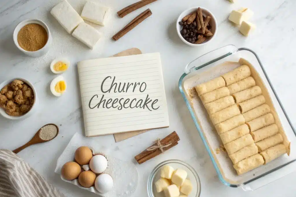 Square churro cheesecake ingredients: cinnamon, cream cheese, dough, and sugar arranged around finished slices