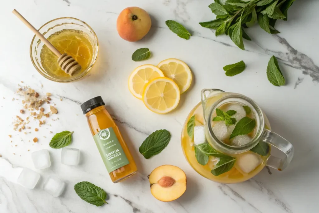 Green tea shot ingredients: brewed green tea, fresh lemon, peach nectar, honey, mint leaves, and ice cubes arranged on white table