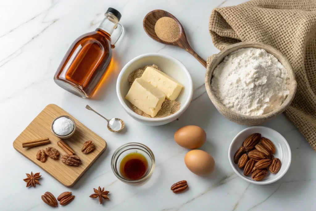 Maple cookie ingredients arranged on marble: pure maple syrup in glass bottle, brown sugar in bowl, butter on wood board, flour sack, eggs, and pecans for baking homemade cookies