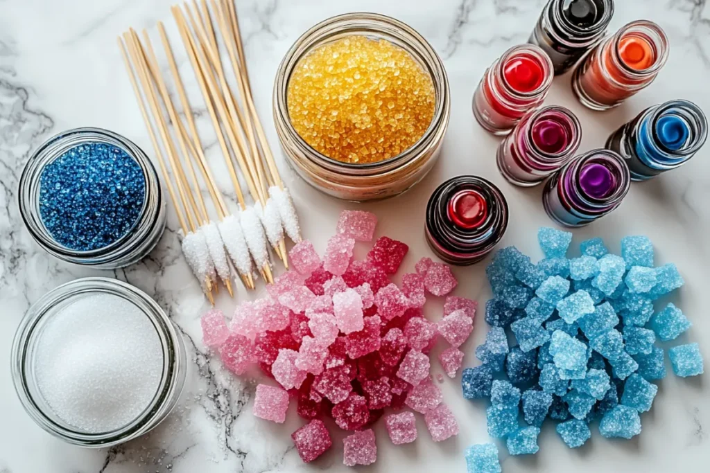 Professional overhead shot of rock candy ingredients arranged precisely on white marble: Three glass mason jars (empty) Wooden skewers tied with twine Small bowls of white sugar (granulated and powdered) Dropper bottles of natural food coloring (red/blue/yellow/green) Vanilla bean and citrus slices for scale Soft shadowless lighting, pastel color scheme, negative space on right side for text. Style: Modern food blog aesthetic, crisp focus.