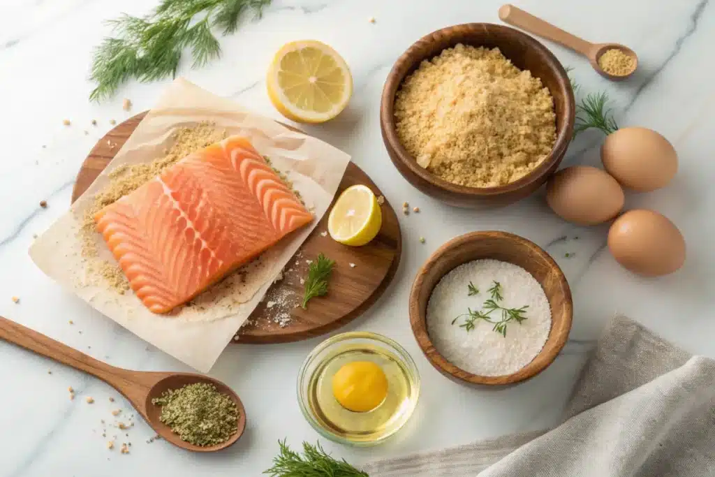 Fresh ingredients for salmon cake recipe arranged on marble: raw salmon fillet, Panko breadcrumbs in wooden bowl, eggs, fresh dill sprigs, lemon wedges, Old Bay seasoning, and mayonnaise with Dijon mustard for binding