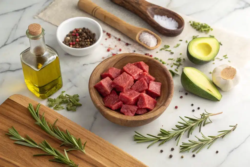 Raw cubed sirloin steak pieces surrounded by cooking ingredients: fresh rosemary, minced garlic, paprika, oil bottle, salt and pepper on a white kitchen counter
