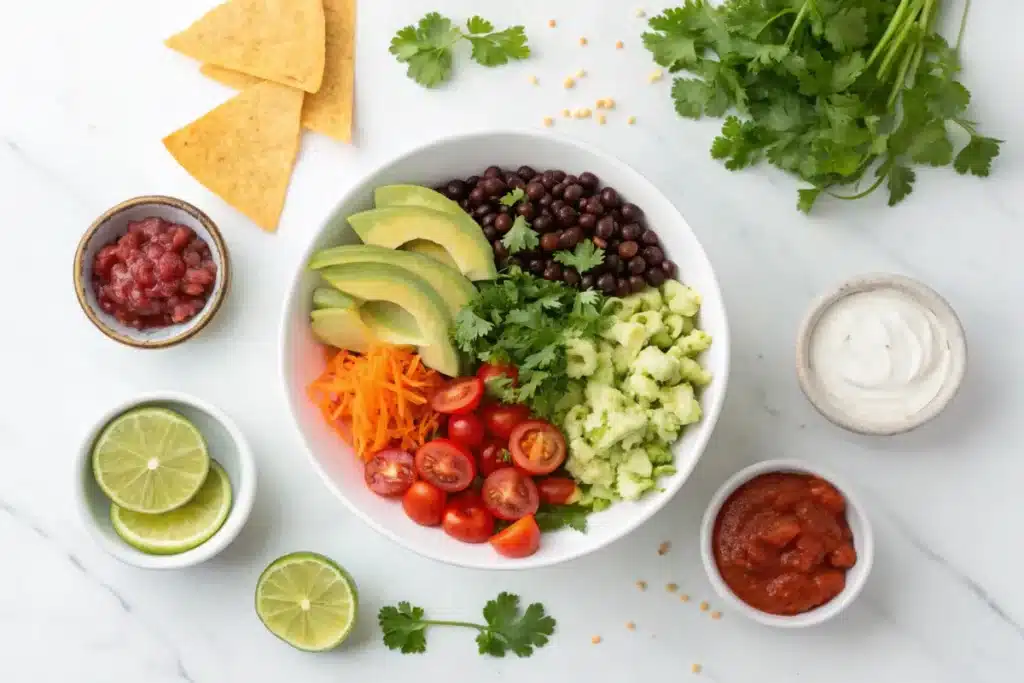 Overhead view of fresh taco bowl ingredients arranged on white surface: diced tomatoes, black beans, shredded lettuce, avocado slices, lime wedges, tortilla chips, and bowls of salsa and sour cream for homemade Mexican bowls