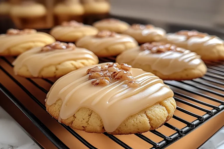 Freshly baked maple cookies cooling on a wire rack, topped with a smooth maple glaze and caramelized pecans. A delicious homemade maple cookies recipe.